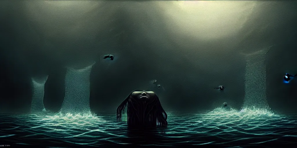 Prompt: uncanny personified emotion monsters swim towards the surface, dramatic lighting, attempting to escape to the surface and start a revolution, in a dark surreal painting by ronny khalil