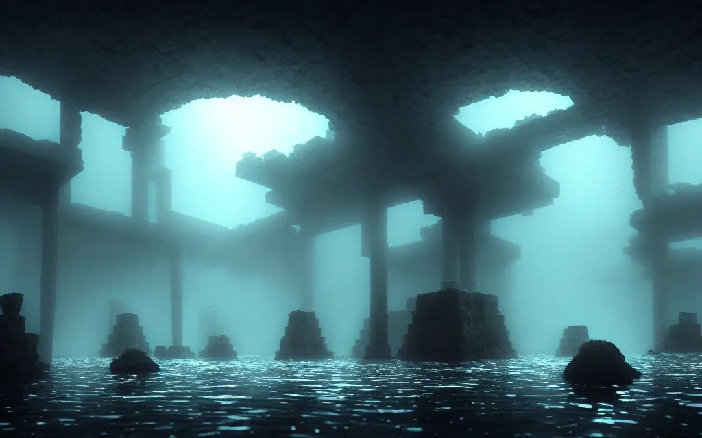 Image similar to wide shot, submerged pre - incan temple, dark, grenada underwater sculpture park, symmetrical, bubbles, abyss, anime style mixed with fujifilm, detailed gouache paintings, stylized, dark, murky, foggy, atmospheric, artstation, cgsociety, octane render, cgi, unreal engine 5, denoise, cinematic masterpiece