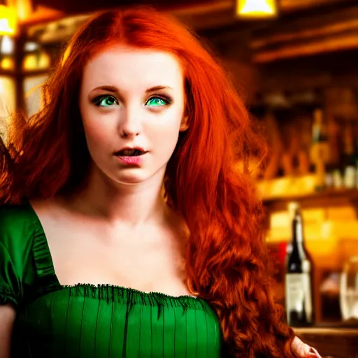 Prompt: beautiful bar maid with auburn hair and green eyes, in a medieval tavern at night, dramatic, cinematic, filmic