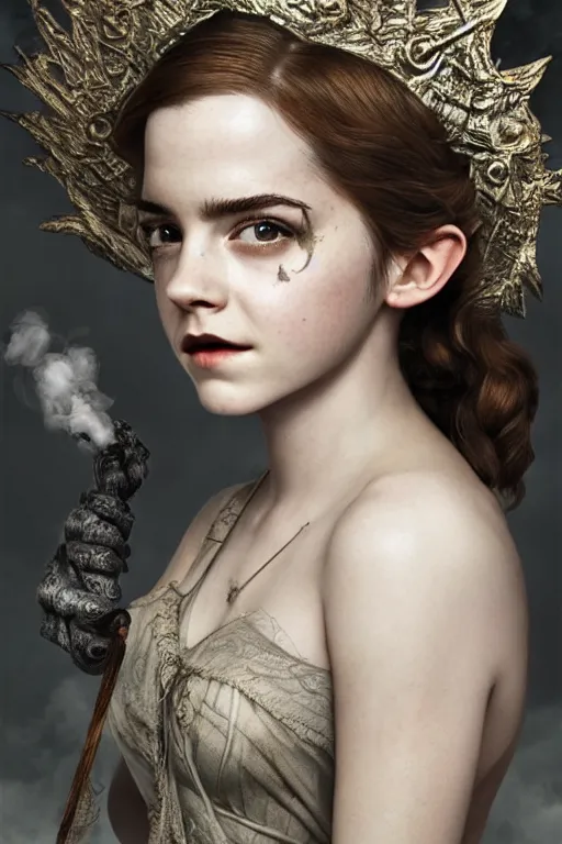 Image similar to a mix of of emma watson, anya taylor - joy and emma stone, evil sorceress elf, game of thrones scenes, hyperrealism, octane render, extremely detailed, intricate smoke magic, lace, style of mark ryden, earl nore, hyung tae, frank frazetta