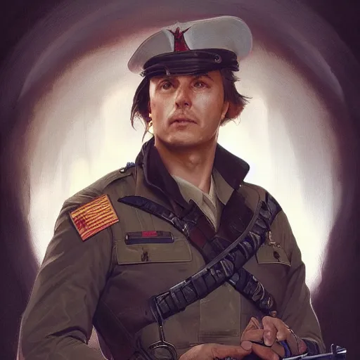 Image similar to Portrait of Michael Cimino as a military officer, intricate, headshot, highly detailed, digital painting, artstation, concept art, sharp focus, cinematic lighting, illustration, art by artgerm and greg rutkowski, alphonse mucha, cgsociety