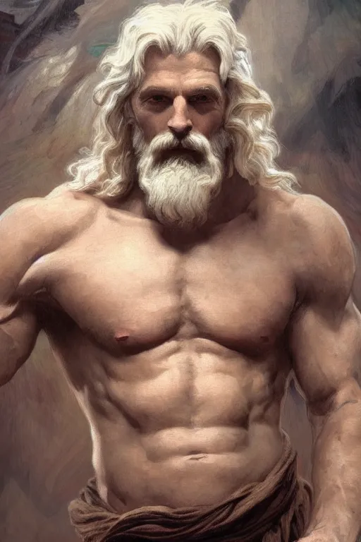 Prompt: painted portrait of rugged zeus, god of thunder, greek god, white hair, masculine, mature, handsome, upper body, ethereal, muscular, hairy torso, fantasy, intricate, elegant, highly detailed, digital painting, artstation, concept art, smooth, sharp focus, illustration, art by gaston bussiere and alphonse mucha