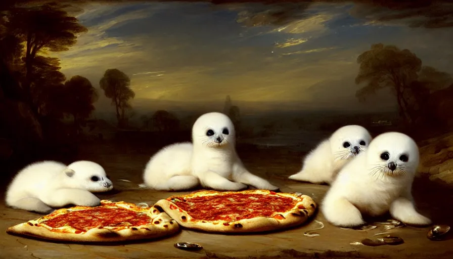 Image similar to highly detailed painting of cute furry white baby seals having a pizza party by william turner, by greg rutkowski, by william constable, thick brush strokes and visible paint layers, 4 k resolution