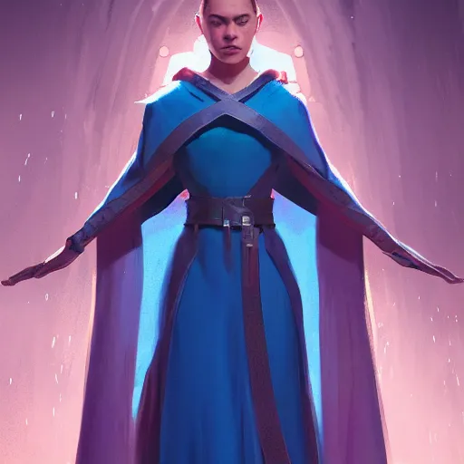 Prompt: full body portrait, young female high wizard in blue robes, dramatic lighting, cinematic, establishing shot, extremly high detail, photo realistic, cinematic lighting, post processed, concept art, artstation, matte painting, style by eddie mendoza, raphael lacoste, alex ross