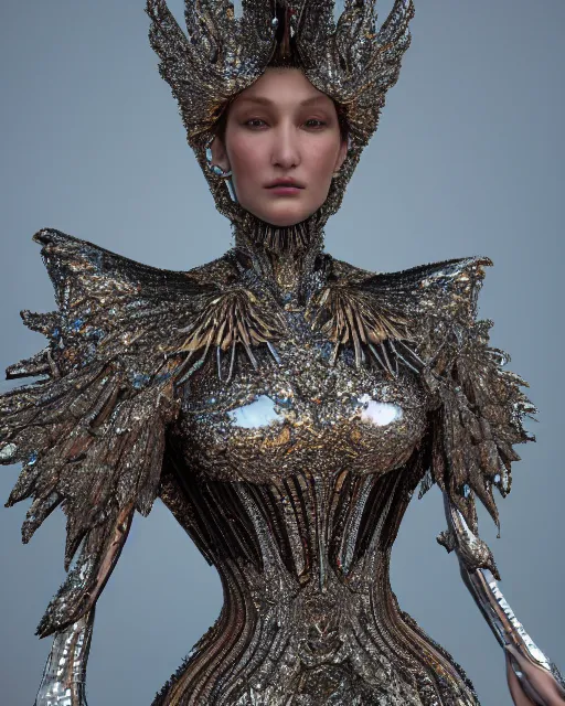 Image similar to a highly detailed metahuman 4 k close up render of a bella hadid as archangel monument renaissance in iris van herpen dress schiaparelli in diamonds crystals swarovski and jewelry iridescent in style of alphonse mucha gustav klimt trending on artstation made in unreal engine 4