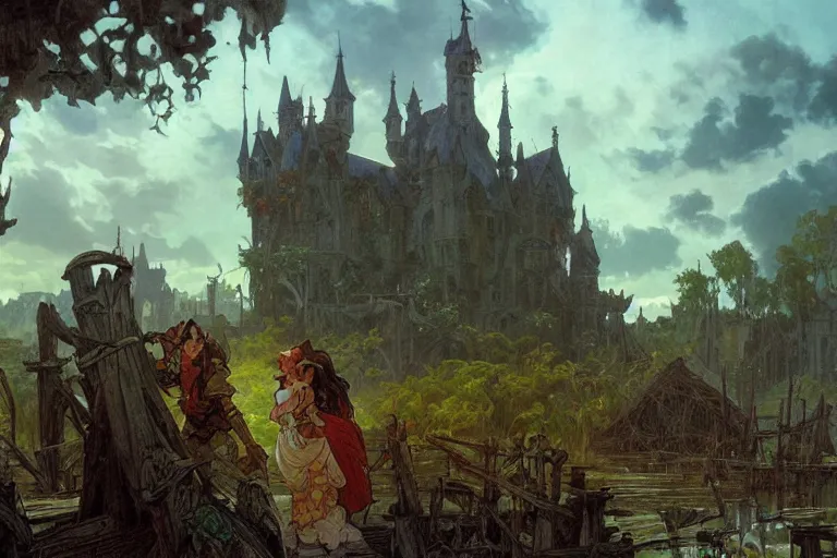 Image similar to a beautiful moody painting of murky swamp with a wrecked castle, peasants living in a slums looking at the castle, by Joe Madureira and Greg Rutkowski and Alphonse Mucha