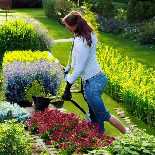 Image similar to a beautiful canadian woman, on her kness, doing some light gardening,