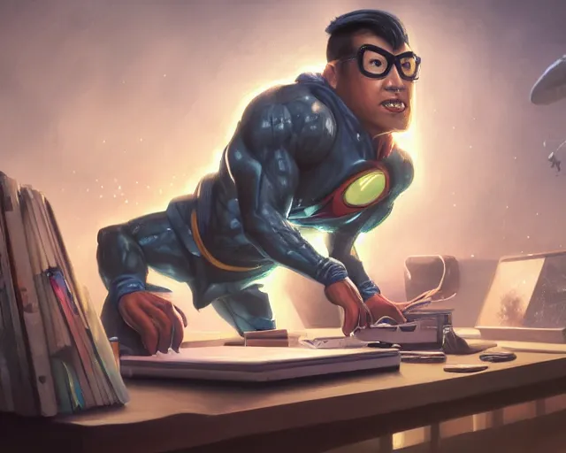 Image similar to an insanely detailed painting of a nerdy asian man wearing a superhero costume, sitting at a desk, staring at the nervously at the computer and typing, in the style of peter mohrbacher, dramatic lighting and composition, surreal background, octane render, pixar, trending on artstation, concept art, comic book, view from behind