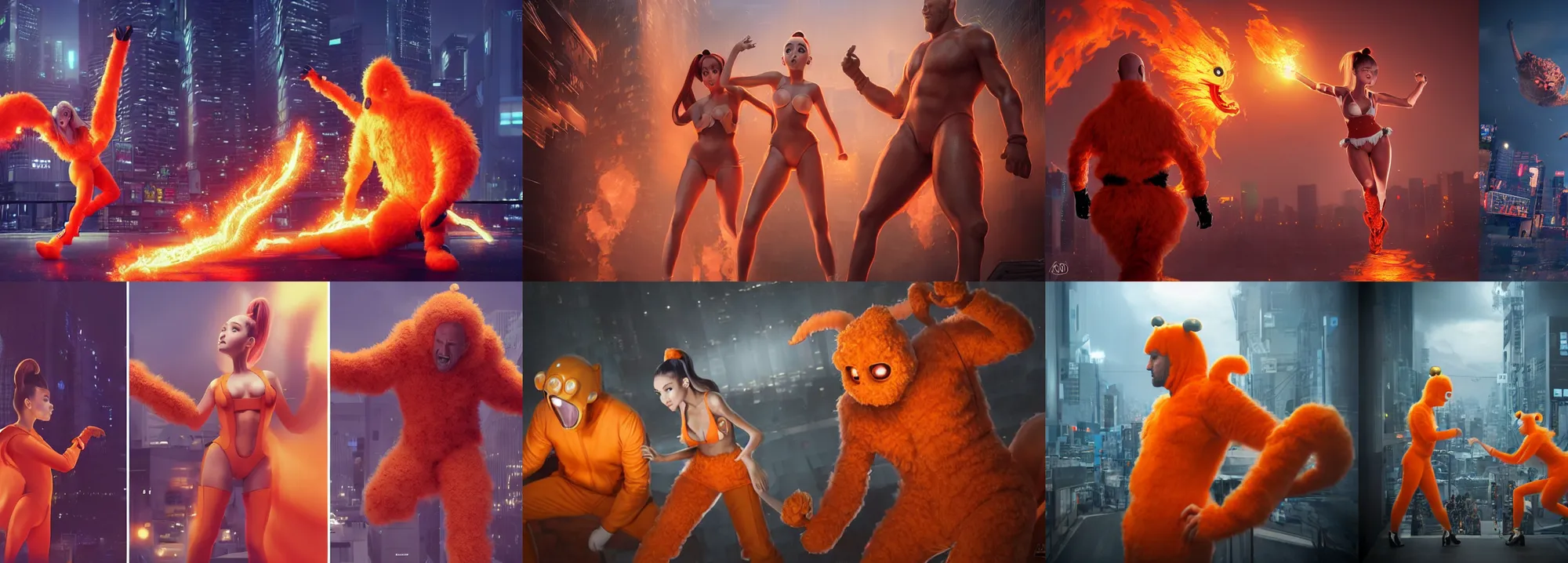 Prompt: ultrarealistic giant ariana grande wearing orange monster chicken suit vs jason statham in tokyo by yusuke murata, octane render, character concept art, movie action still frame, cinematic lighting, volumetric lighting, extreme intricate details, artstation, dnd art, cgsociety, sharp focus, ultra wide angle, digital painting by artgerm, gerald brom, wlop