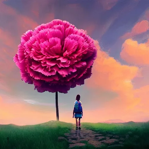 Image similar to giant carnation flower as a head, girl hiking in the mountains, surreal photography, sunrise, dramatic light, impressionist painting, colorful clouds, digital painting, artstation, simon stalenhag