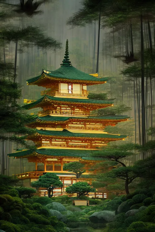 Image similar to Japanese Buddhist temple in the middle of a forest of bonsai and bamboo, powerfull, intricate, elegant, volumetric lighting, digital painting, highly detailed, artstation, sharp focus, illustration, concept art, ruan jia, steve mccurry