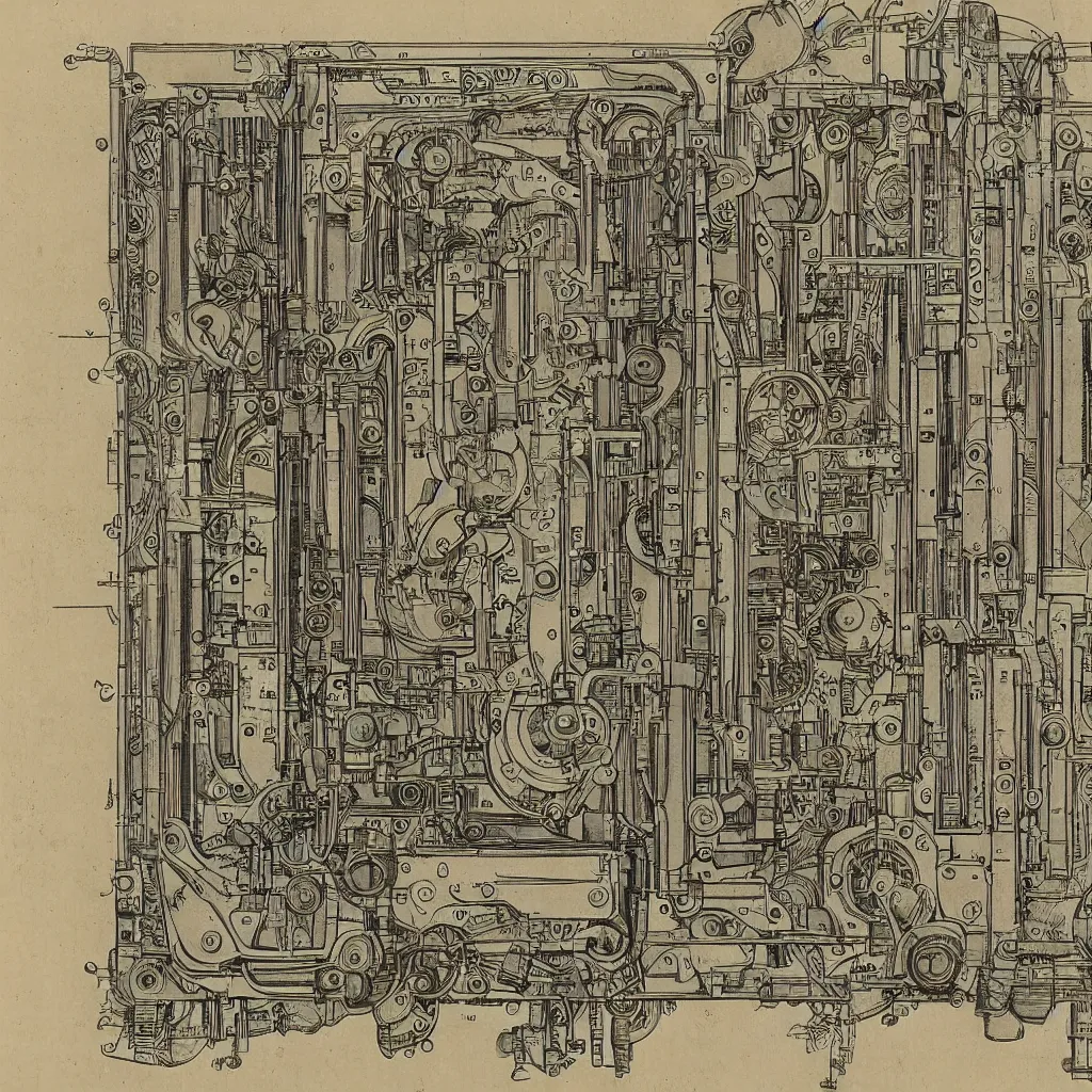 Image similar to close - up on detailed, intricate technical drawings from 1 8 4 0 for a mechanical display attachment to babbage's difference engine, showing a screen playing tetris