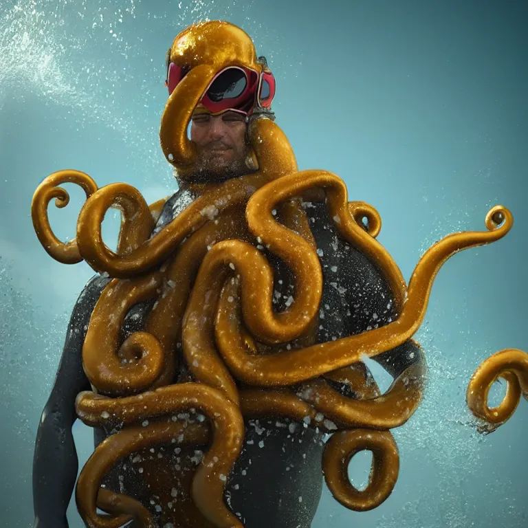 Image similar to octane render portrait by wayne barlow and carlo crivelli and glenn fabry, subject is a man in a wet suit with goggles with giant long golden octopus tentacles coming out of their mouth, cinema 4 d, ray traced lighting, very short depth of field, bokeh