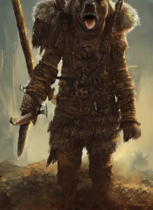 Image similar to detailed full body concept art illustration, plague style oil painting on canvas of an anthropomorphic capybara barbarian in full intricate clothing, biomutant, dystopian plague, micro detail, octane render, 4K