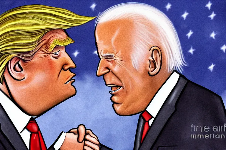 Prompt: caricature cinematic portrait donald trump shaking hands with joe biden on the moon, award winning