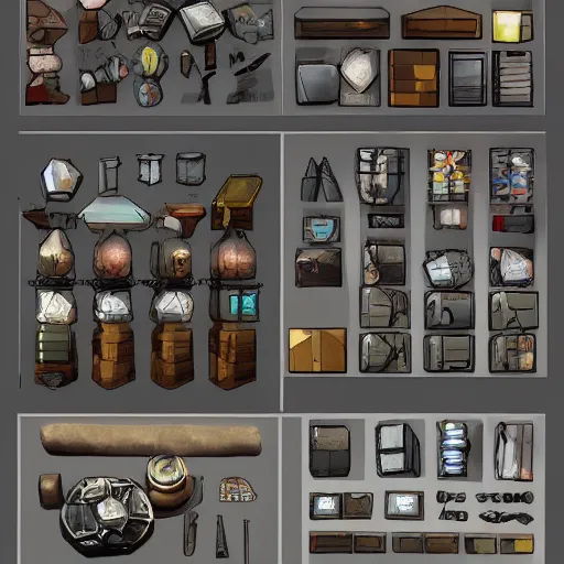 Image similar to modular inventory game items, very realistic , artstation, concept art ,