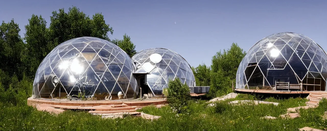 Prompt: spectacular dome house by kristoffer tejlgaard, earthship, optimus sun orientation, north hemisphere, spain, geodesic architecture, biodome homes, fuller