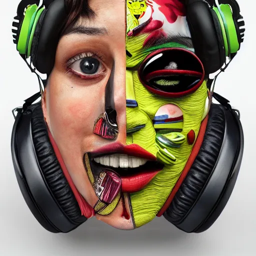 Image similar to a portrait of an anthropomorphic tennis ball monster by sandra chevrier, detailed render, tape deck, boombox, headphones, epic composition, cybernetics, 4 k realistic, cryengine, realistic shaded lighting, sharp focus, masterpiece, by matteo scalera, gary montalbano, peter elson in the style of the tokyo ghost comic