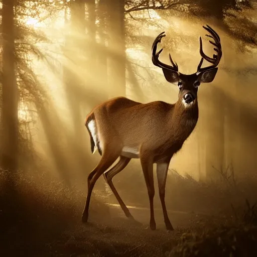 Prompt: a great deer standing majestic in a large industrial room with small windows, golden light, thick mist effect, backlit, insane details, hyperrealistic photo by jimmy nelson, trending on artstation