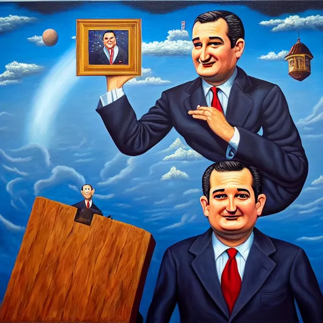 Image similar to an oil on canvas portrait painting of ted cruz doing a speech about the republican party, surrealism, surrealist, cosmic horror, rob gonsalves, high detail