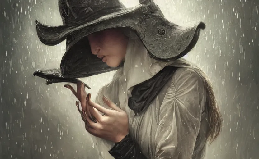 Image similar to female plague doctor holding flowers, heavy rain, wind, thunder, reflections, deep focus, d & d, fantasy, intricate, elegant, highly detailed, digital painting, artstation, concept art, matte, sharp focus, illustration, hearthstone, art by artgerm and greg rutkowski and alphonse mucha