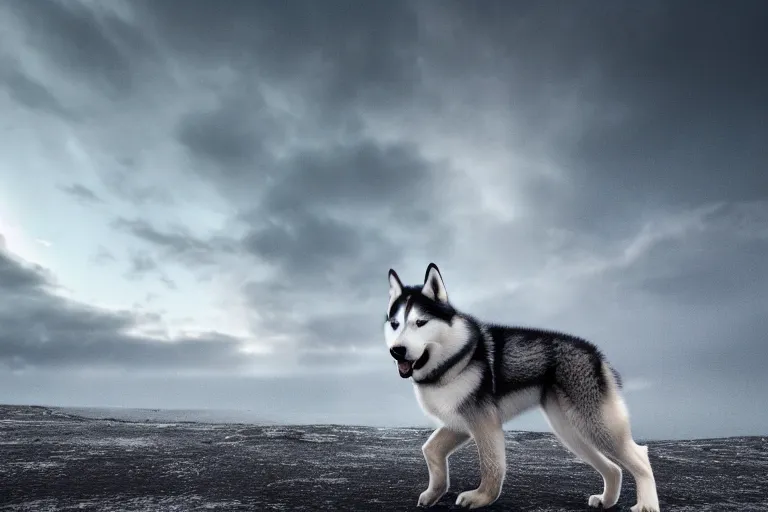 Prompt: a scenic photograph of a husky looking away from the camera. the whole husky is visible in frame. polar background, ominous sky, meteorites are crashing through the clouds. octane render, extreme detail, super symmetrical photograph, 8 k