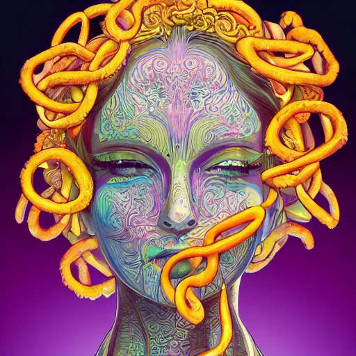 Image similar to the face of a ridiculously beautiful and pretty woman partially made of onion rings of all colors looking up, an ultrafine detailed illustration by james jean, final fantasy, intricate linework, bright colors, behance contest winner, vanitas, angular, altermodern, unreal engine 5 highly rendered, global illumination, radiant light, detailed and intricate environment