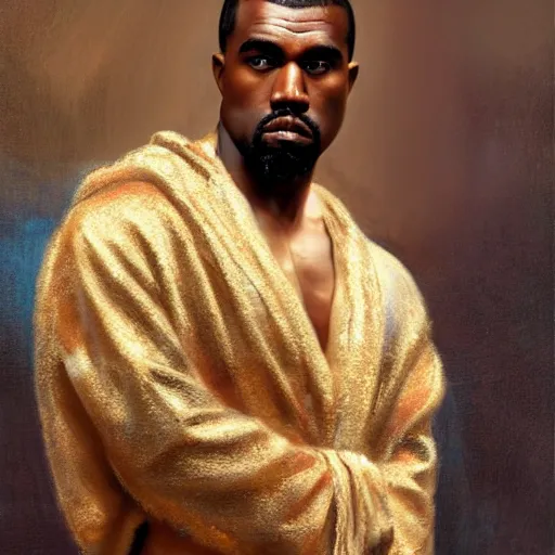 Prompt: detailed realistic cinematic wide shot of beautiful attractive muscular kanye west with gold chain wearing blue bath robe slim face symettrical face clean skin black eyes black robe smooth, sharp focus, ultra realistic, spring light, painting by gaston bussiere, craig mullins, j. c. leyendecker