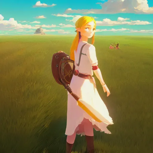 Image similar to zelda in a field. cgsociety masterpiece, artstation trending, by rossdraws, ghibli, kimi no na wa, greg rutkowski, simon stalberg, greg manchess