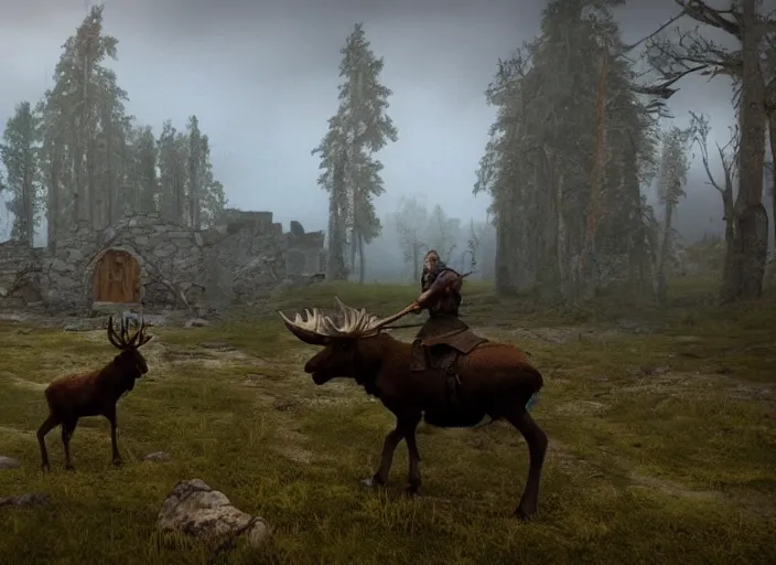 Prompt: a viking riding a moose walks in the ruins of a viking village, horror, dramatic lighting, dawn, by caspar david friedrich, unreal engine 5