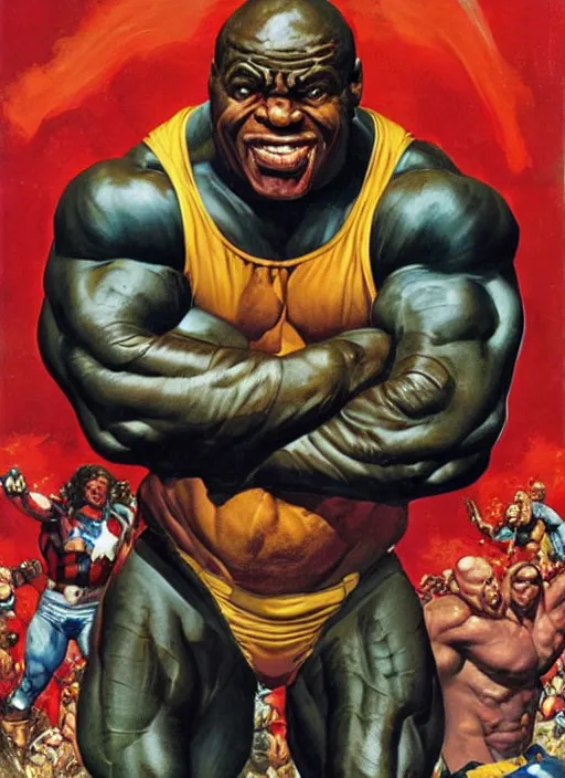 Prompt: full body and head portrait of huge mutant ronnie coleman as marvel's juggernaut, dynamic action, painted by norman rockwell and phil hale and greg staples and tom lovell and frank schoonover and jack kirby