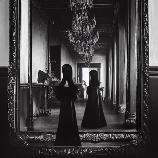 Image similar to a beautiful victorian woman is frightened by her doppleganger in a mirror. she is in a long hallway of mirrors. victorian interior, with many mirrors, twins, elegant design, haunting atmosphere, dark lighting, gothic, horror style, scary, swirling fog, volumetric lighting, by greg rutkowski, realistic, dutch angle, zombies