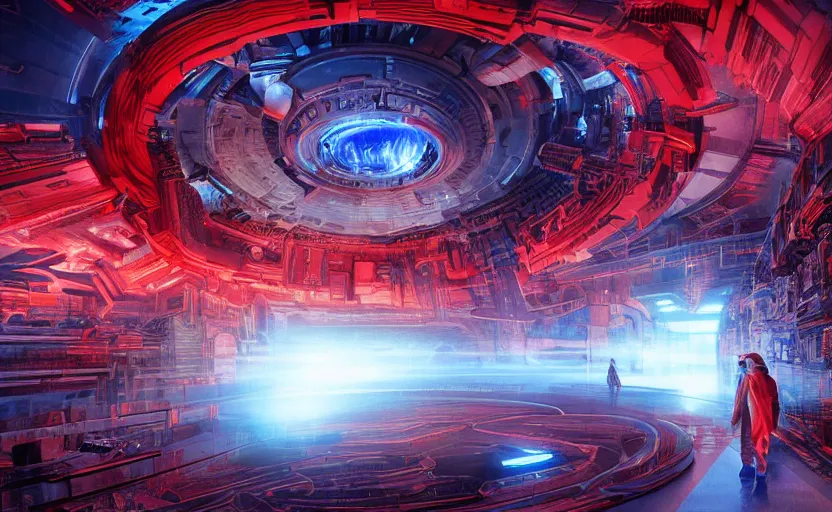 Image similar to giant Plasma fusion reactor power station, red, blue , hyperrealistic mixed media, stunning 3d render inspired art by P. Craig Russell and Barry Windsor-Smith + perfect facial symmetry + dim volumetric lighting, 8k octane beautifully detailed render, post-processing, extremely hyperdetailed, intricate futuristic mechanic parts, epic composition, grim yet sparkling atmosphere, cinematic lighting + masterpiece, trending on artstation