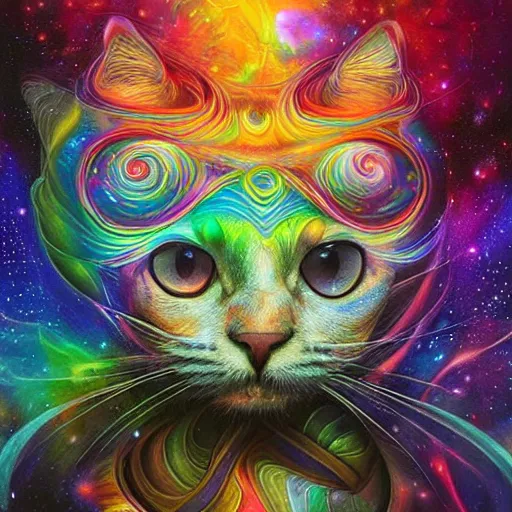 Image similar to a galaxy colored psychedelic chakra awakening kundalini ethereal portrait of a cat, eternal blessing, multiverse, by android jones, by ben ridgeway, visionary art, by artgerm, featured on artstation, cgsociety, by greg rutkowski