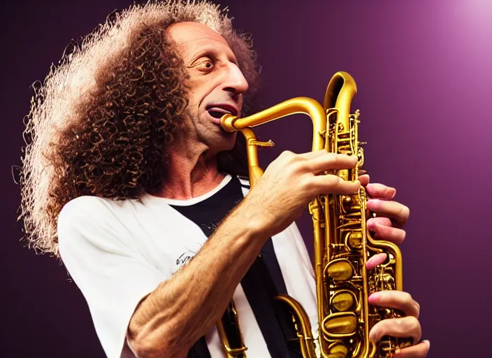 Image similar to photo still of kenny g on stage at vans warped tour!!!!!!!! at age 3 8 years old 3 8 years of age!!!!!!! playing saxophone, 8 k, 8 5 mm f 1. 8, studio lighting, rim light, right side key light