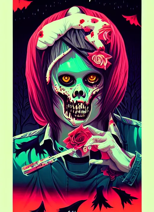 Prompt: zombie emo concert poster, tristan eaton, victo ngai, artgerm, rhads, ross draws