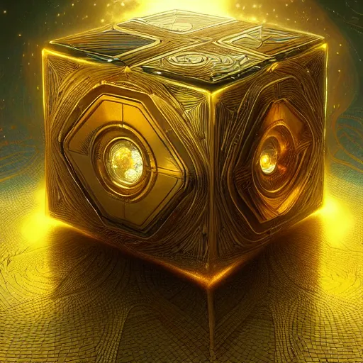 Image similar to hyper realistic golden quantum computer in the shape of a giant cube the size of a city , art by artery and Greg Rutkowski and alphonse mucha, sci-fi, fantasy, intricate, ornate, very very intimidating , highly detailed, digital painting, artstation, concept art, smooth, sharp focus, illustration