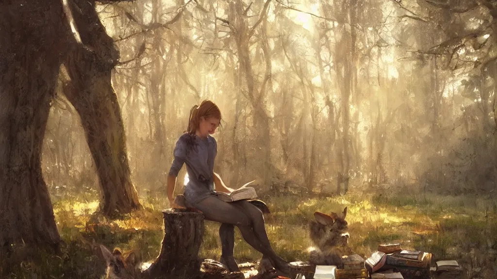 Image similar to cute girl reading on stump in the magical forest, morning light, cute rabbits and deers, by jeremy mann and greg rutkowski, artstation, oil on canvas