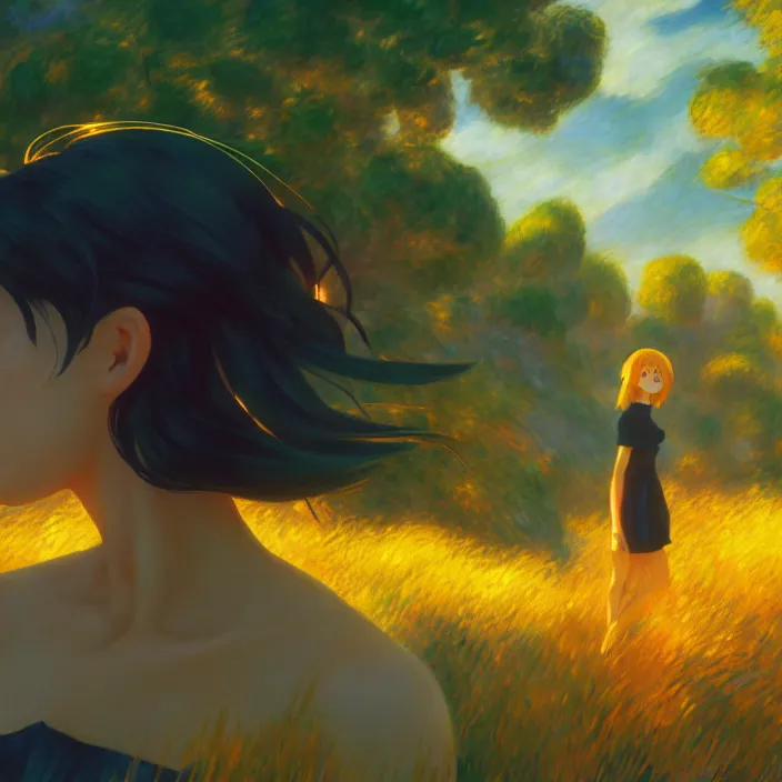 Prompt: an epic makoto shinkai and renoir landscape of a woman's hair - waterfall, golden hour, ultra smooth, lois van baarle, ilya kuvshinov, unreal engine, blender, trending on artstation, suntur, caleb worcester, highly detailed, photorealism, bloom effect 8 k