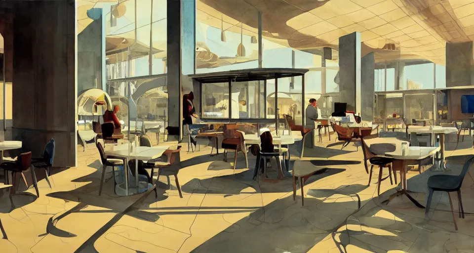 Image similar to a beautiful illustration of futuristic empty cafe, lots of furniture, dining, waiting room, big medium small, sacred geometry, golden ratio, in watercolor gouache detailed paintings, in style of syd mead, trending on artstation,8k, panel, hard surface, vent, zaha hadid, props, plant, cozy,decoration around the room