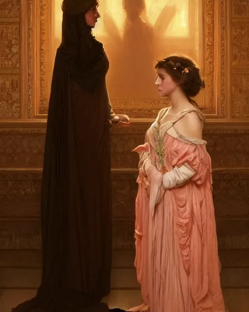 Image similar to a shadowy portrait painting of a shy, blushing 1 6 - year old alicia vikander or millie bobby brown as a princess lit only by candlelight in the darkness, intricate, elegant, highly detailed, artstation, concept art, by krenz cushart and donato giancola and william adolph bouguereau and alphonse mucha