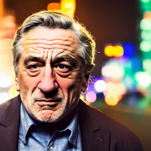 Image similar to a still of Robert De Niro . Shallow depth of field. City at night in background, lights, colors ,studio lighting, mood, 4K. Profession photography