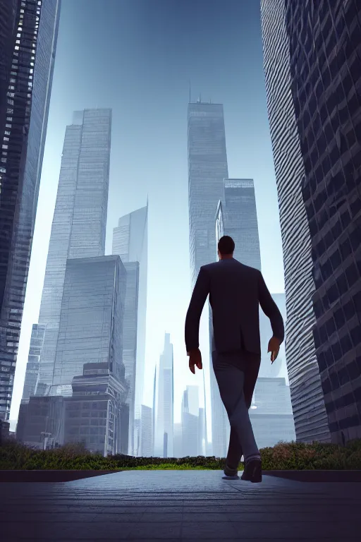 Prompt: man larger than skyscrapers walks around the city, ground view, highly detailed, digital art, sharp focus, super realistic, ultrarealism, photorealism, trending on artstation, award winning, 4 k post - processing highly detailed