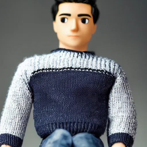 Image similar to a 21 year old skinny white programmer guy with no beard and black hair on top, short on sides, in a navy blue sweater, jeans and grey new balance shoes funko pop close up highly detailed photo