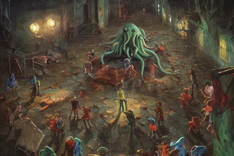 Prompt: cthulhu haunting children at the playground, painted by paul youll and marc simonetti, trending on artstation, dramatic lighting isometric view street art, crayon art, tilt - shift, final, remodernism