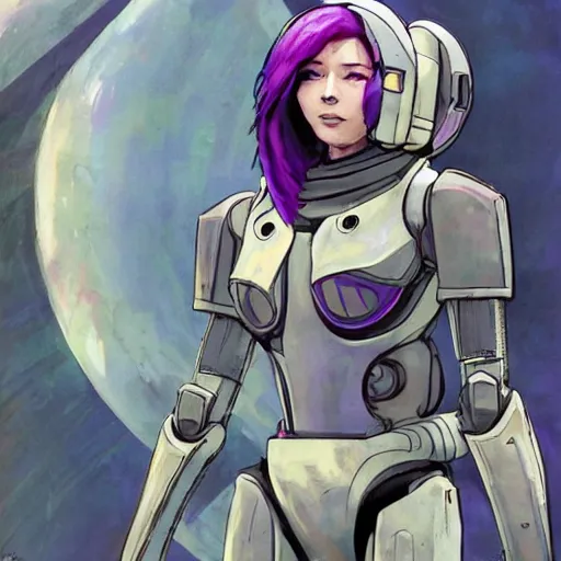 Prompt: beautiful woman with sci - fi power armor and purple hair on an abandoned spaceship, long shot, rule of thirds, golden ratio, graphic novel by fiona staples and dustin nguyen, by beaststars and orange, peter elson, alan bean, studio ghibli, makoto shinkai