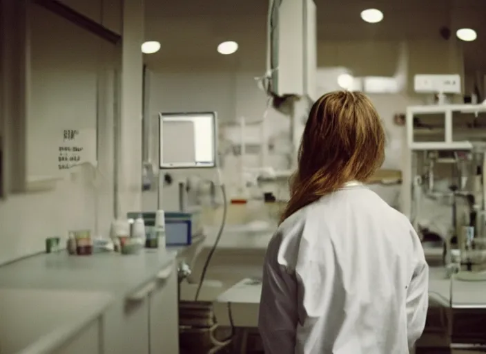 Image similar to a 3 5 mm photo from the back of a woman wearing a white lab coat standing in a laboratory, bokeh, canon 5 0 mm, cinematic lighting, dramatic, film, photography, golden hour, depth of field, award - winning, 3 5 mm film grain, retro, film, kodachrome, closeup