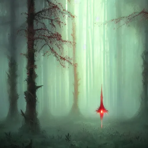 Prompt: overgrown sword leaning against a tree, foggy forest, nebula, crimson, eerie, oil painting, by greg rutkowski
