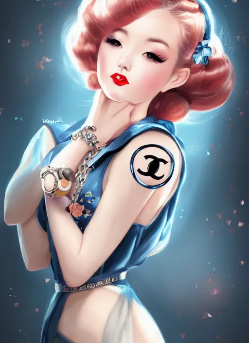 Image similar to a pin up and beautiful fashion dreamlke japan girl with lv jewelry, character art, art by artgerm, wlop, loish, hyperdetailed, 8 k realistic, symmetrical, global illumination, radiant light, frostbite 3 engine, cryengine, dof, trending on artstation, digital art, chanel, dior, detailed background