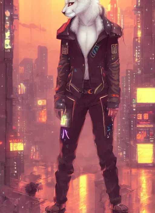 Image similar to character portrait of a male anthro albino mountain lion fursona with a tail and a cute beautiful attractive furry face wearing stylish cyberpunk clothes in a cyberpunk city at night while it rains. hidari, color page, tankoban, 4K, tone mapping, Akihiko Yoshida.